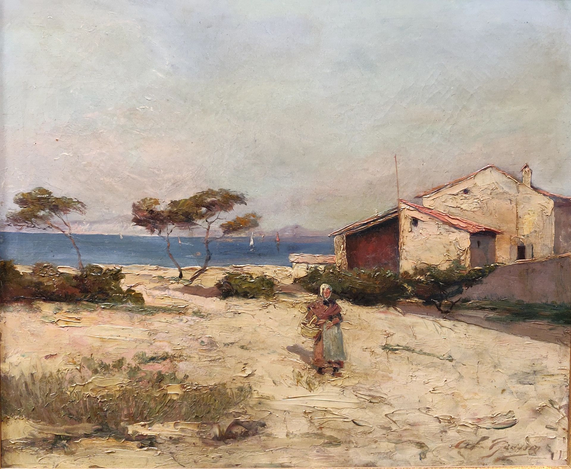 Null 阿道夫-路易斯-高森（1871-1954）。位于地中海沿岸的热闹村庄。布面油画，右下角有签名。46 x 55厘米。修复。