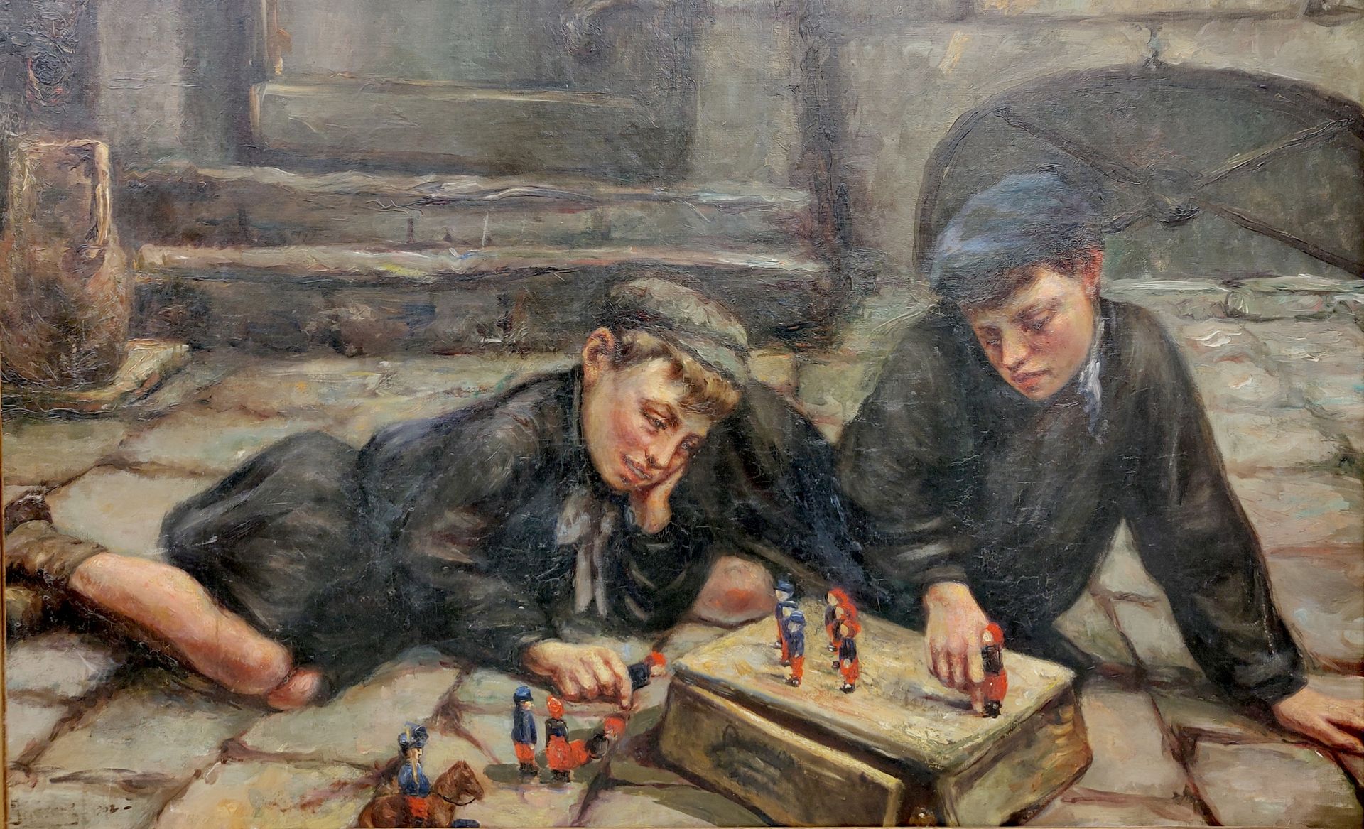 Null 1900年左右的法国学校。两个孩子在玩耍，布面油画。不明身份的签名，左下角的日期是1902年。81 x 130厘米。装框。