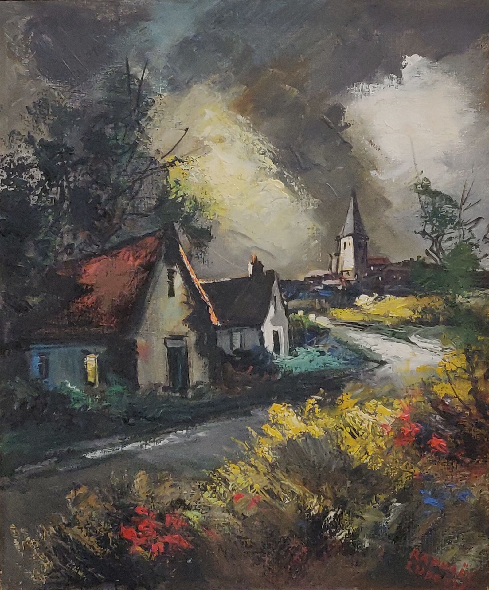 Null Raphaël LUDOVIC (20th). View of a village with a bell tower. Oil on canvas &hellip;