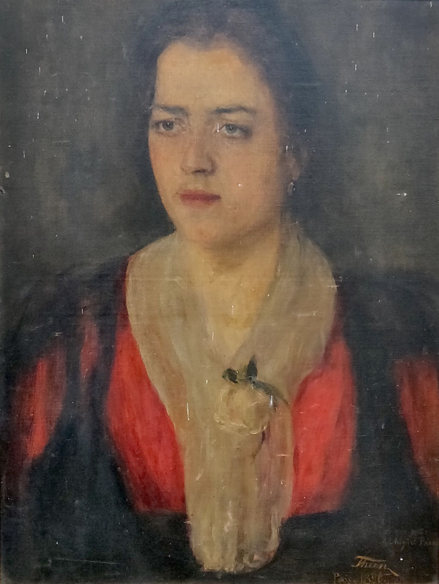 Null 19世纪末的学校。一个带着打结围巾的女人的肖像。布面油画，右下角署名THEIN ?巴黎，1896年。61 x 46厘米。在一个发黑和镀金的木框中。献给&hellip;