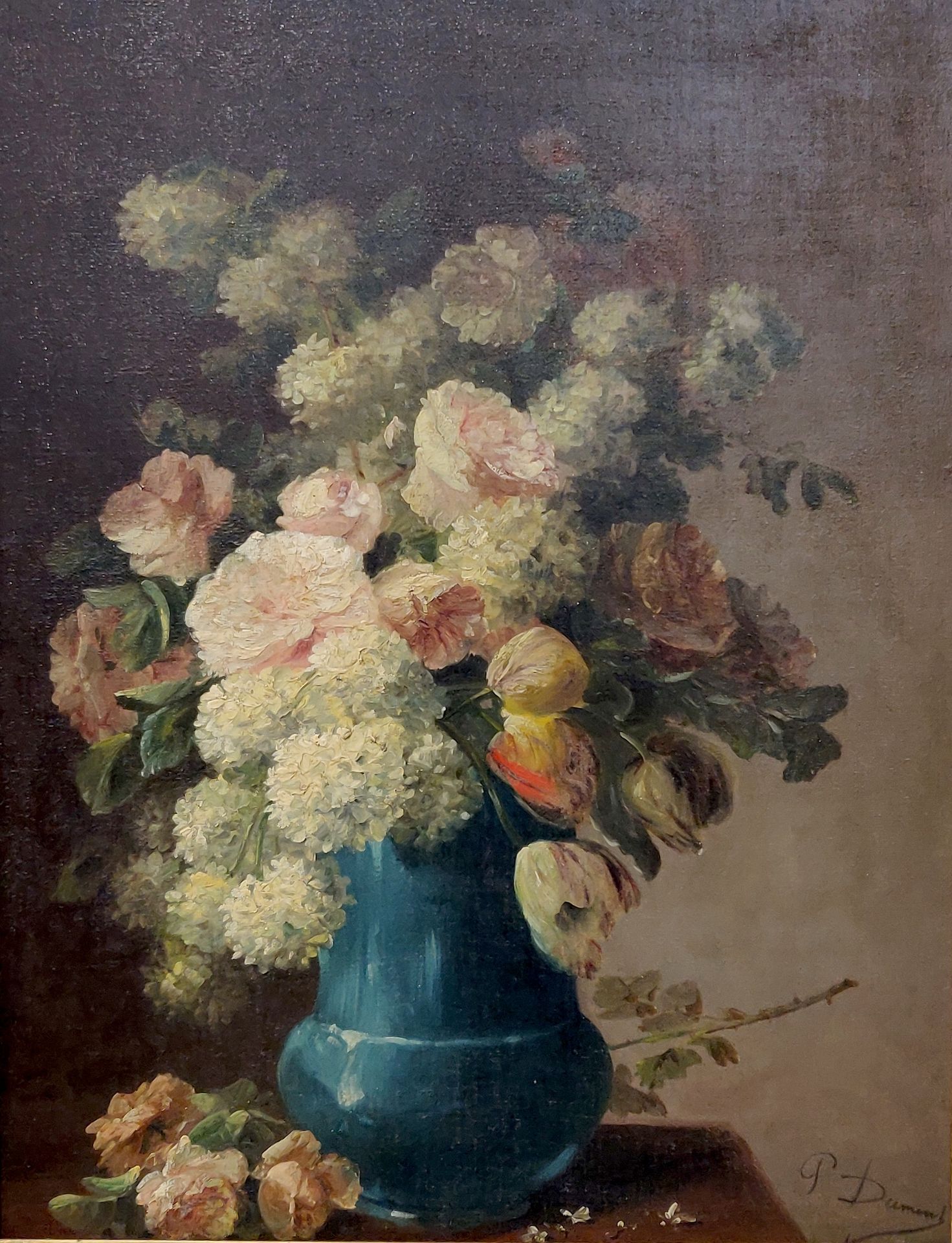 Null P.杜蒙（19世纪末-20世纪初），花瓶。布面油画，右下角有签名，92 x 73厘米。略有缺失。