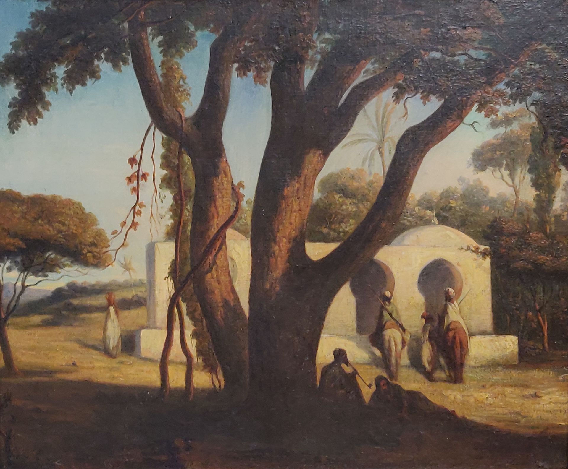 Null 十九世纪的法国东方学派，骑手抵达奥西。布面油画，左下角署名A.C.，日期为1838年？46 x 56厘米，装在同一时期的美丽鎏金木框中。