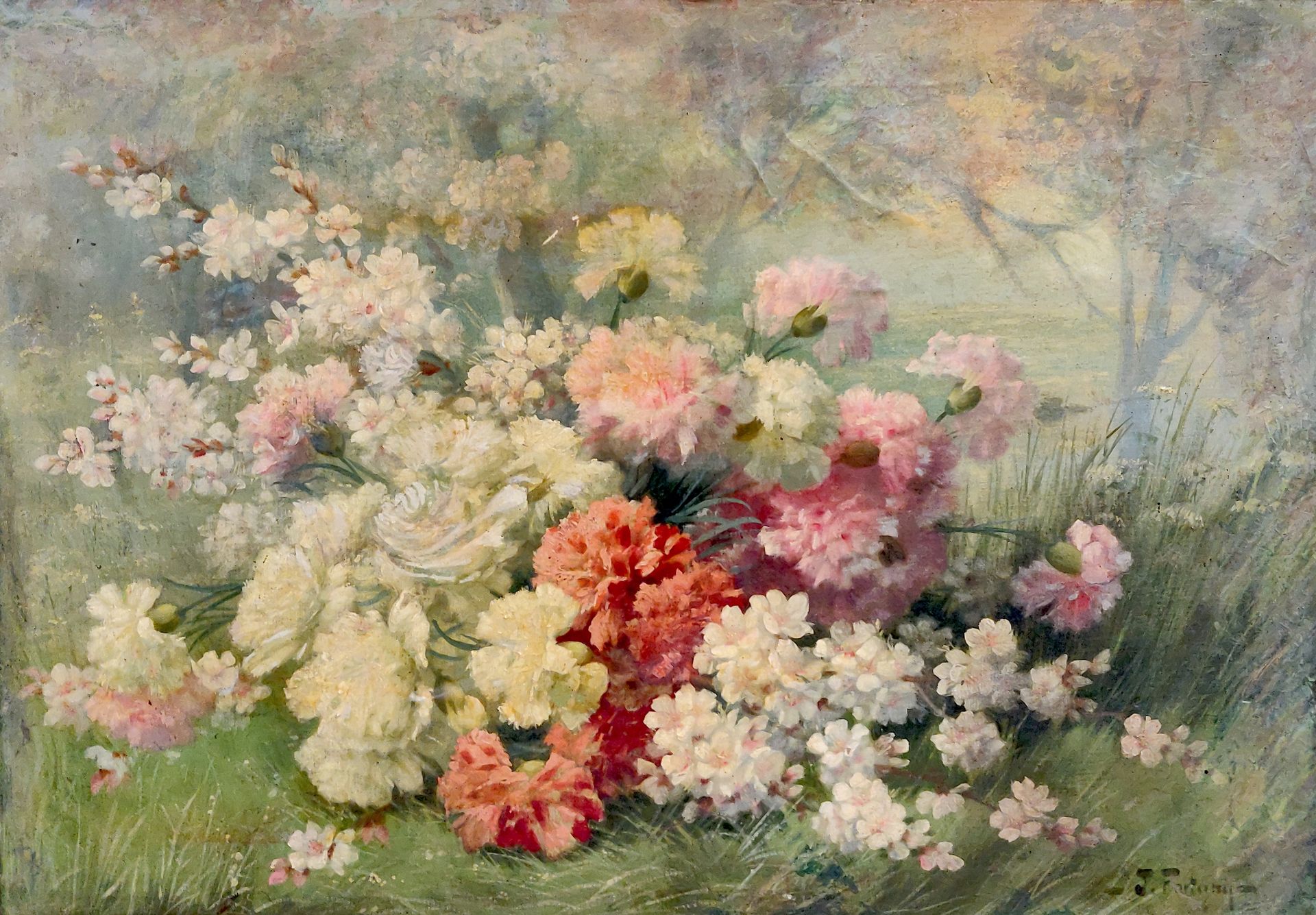 Null J.FORTUNY（20世纪）。开花的灌木丛。右下角有签名的布面油画 70 x 100,5 cm