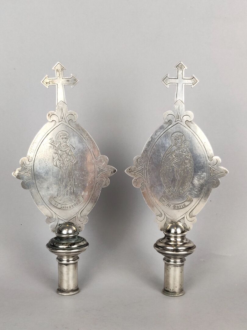 Null Pair of silver confraternity staffs with engraved decoration of St. Joseph &hellip;