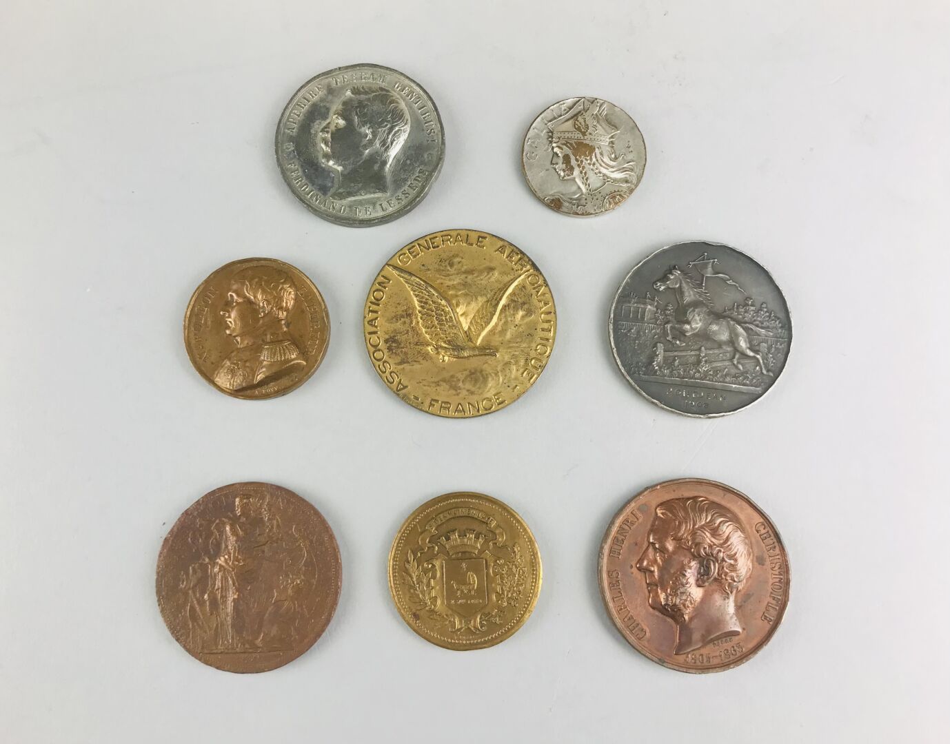 Null 一组8枚铜质和银质奖牌，包括查尔斯-亨利-克里斯托弗尔、费迪南-德-莱塞普斯、拿破仑、加利亚、....。