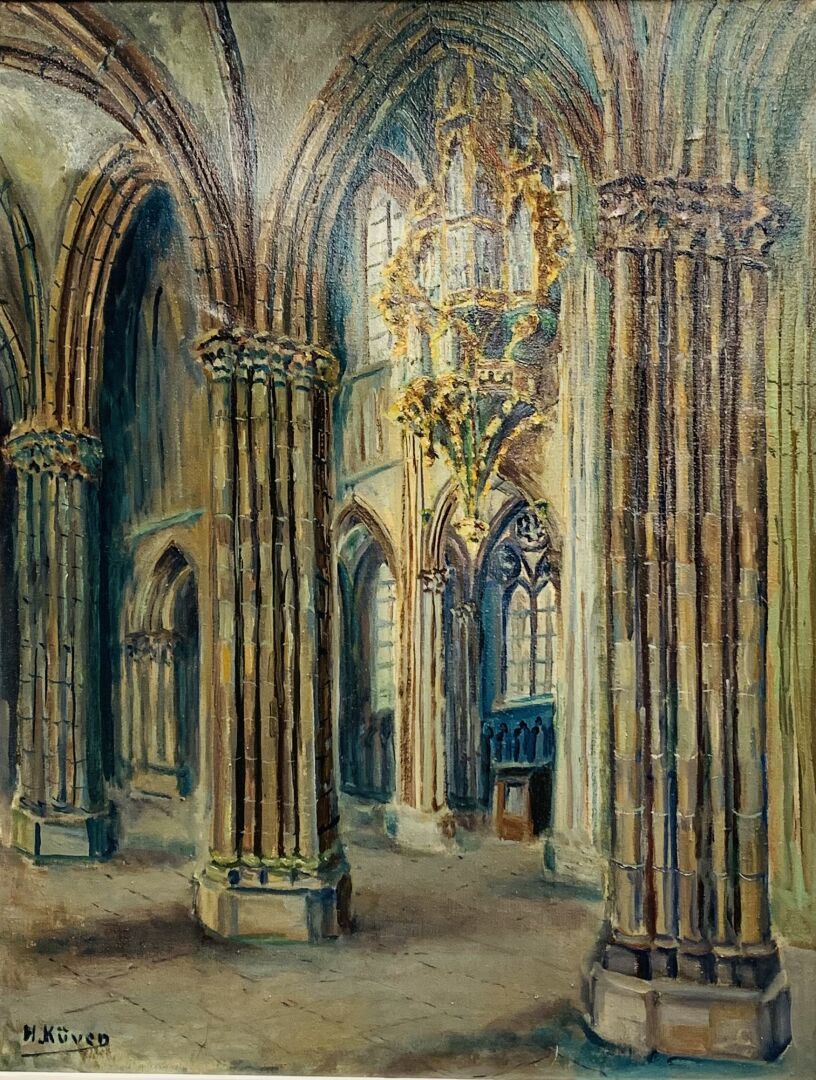 Null H.库文（20）。教堂内景：斯特拉斯堡大教堂。两幅布面油画，右下角有签名，65 x 50厘米。有小的凹痕，一块帆布翘起。