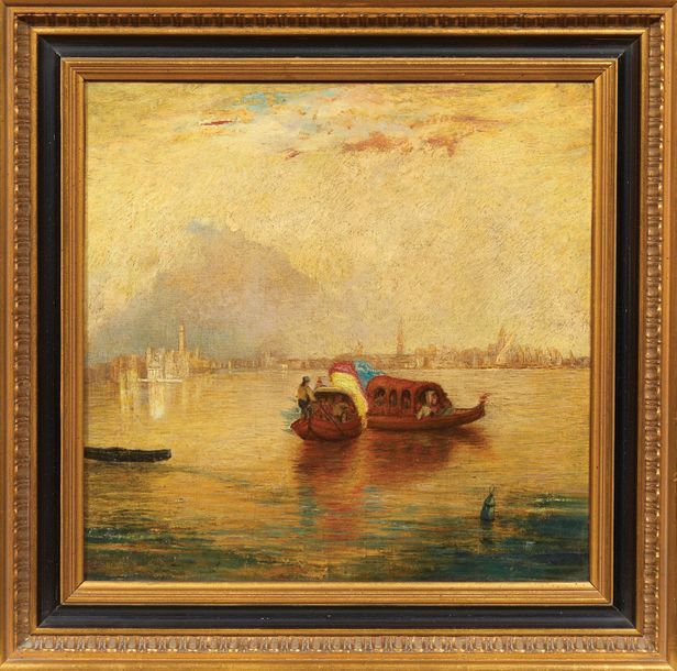 JAMES-BAKER PYNE (1800-1870) - ATTRIBUÉ À La rencontre de deux gondoles sur la l&hellip;