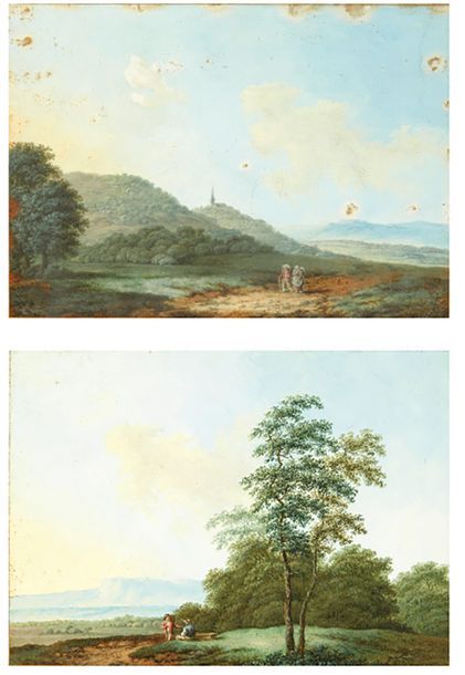 École FRANÇAISE de la fin du XVIIIe siècle Animated
landscape Two gouaches formi&hellip;