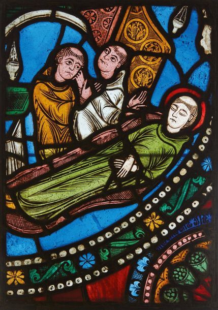 Null Stained-glass stained-glass window depicting two monks watching over the bo&hellip;