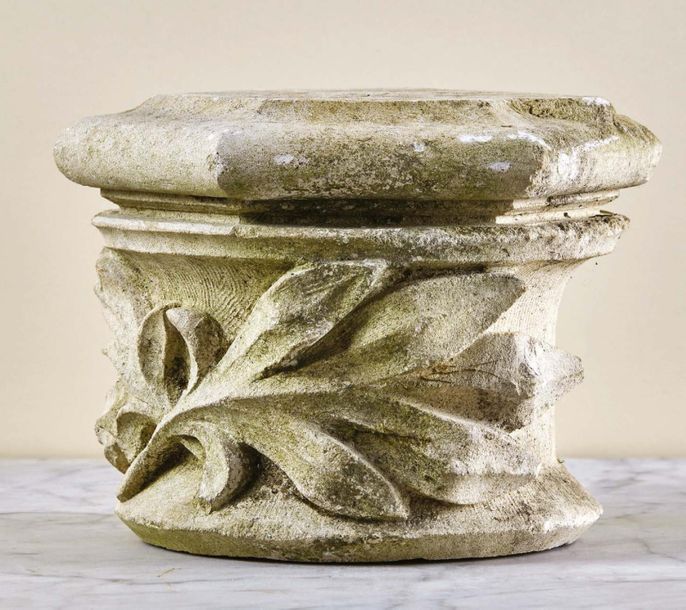 Null Suite of three hexagonal-shaped carved limestone column capitals. Decoratio&hellip;