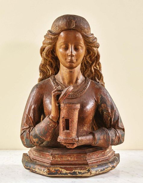 Null Buste reliquaire de Marie-Madeleine en noyer sculpté avec restes de polychr&hellip;