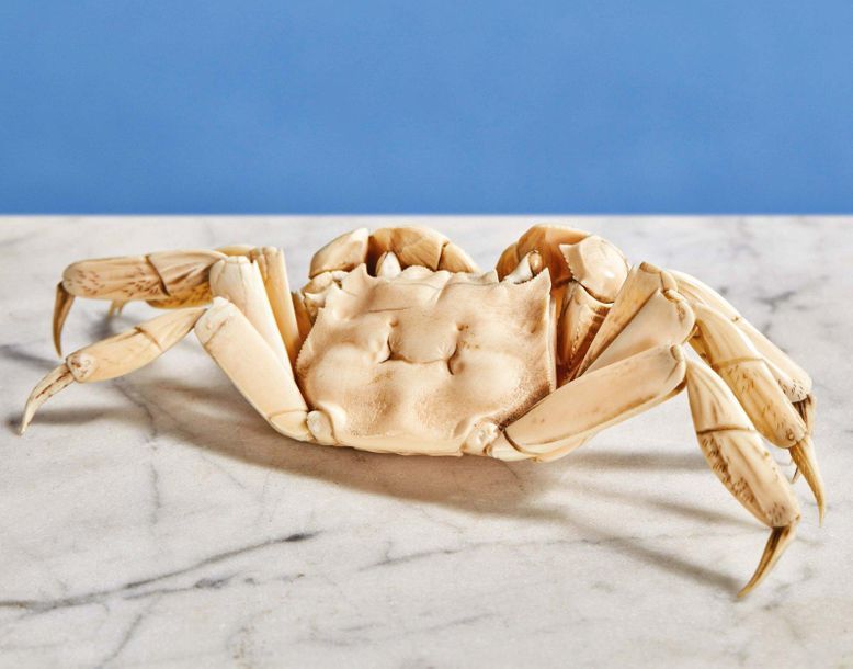 Null 雕象牙蟹，腿部连接。
精美地完成。
日本，明治时期
长度：17.5厘米 - 深度：8厘米
重量：132克（小修，缺一爪）。