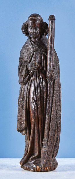 Null 携带受难文书的天使，柱子和钉子，橡木雕刻的圆形。
Brabant，约1410-1420年
高度：78厘米
(虫洞，缺少翅膀)