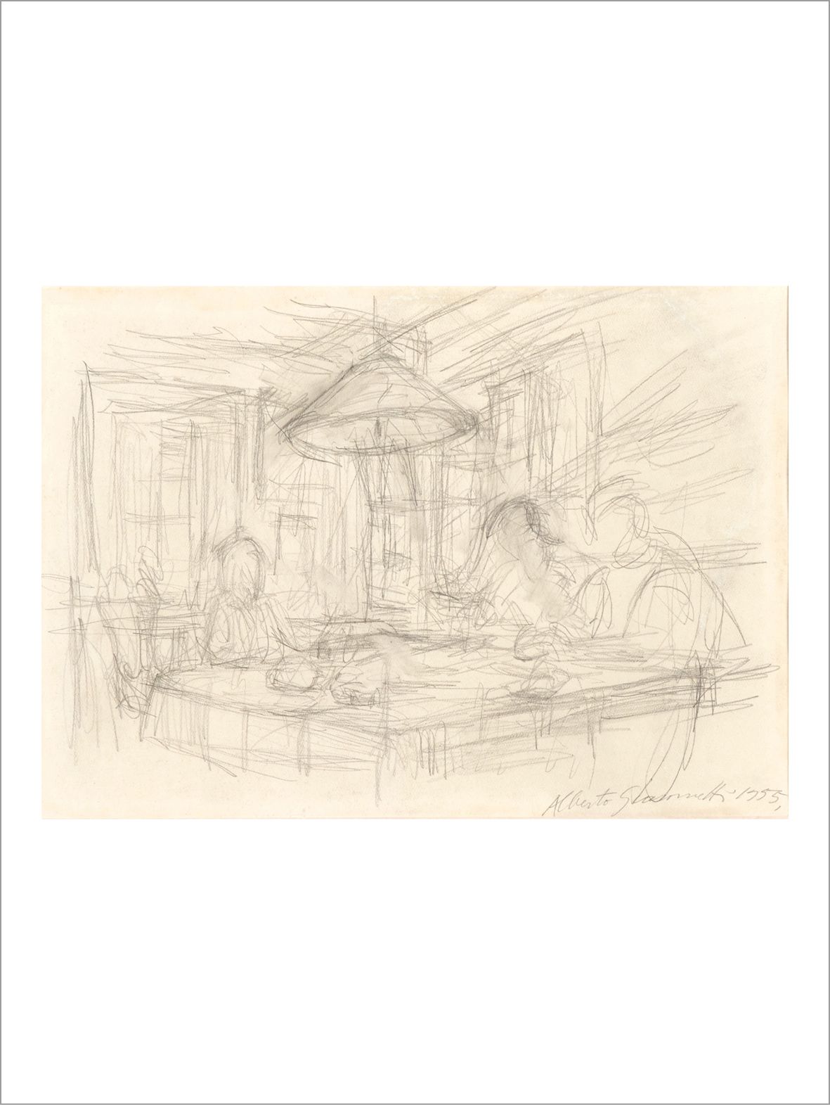 Alberto GIACOMETTI (1901-1966) Personnages à table à Majola, 1955
纸上铅笔画。
右下方有签名和&hellip;