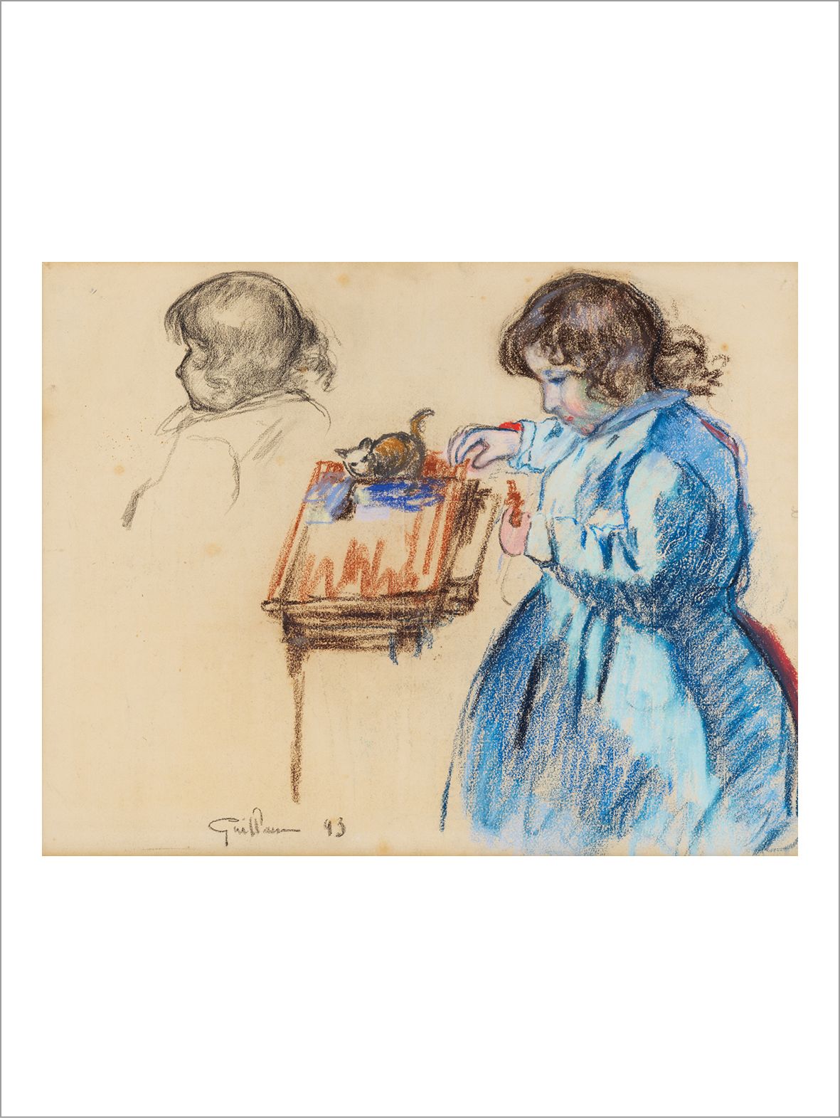 Armand GUILLAUMIN (1841-1927) 年轻女孩与她的猫玩耍，1893年
纸上粉彩。
左下角有签名和日期。
纸上粉彩。
左下角有签名和日期。&hellip;