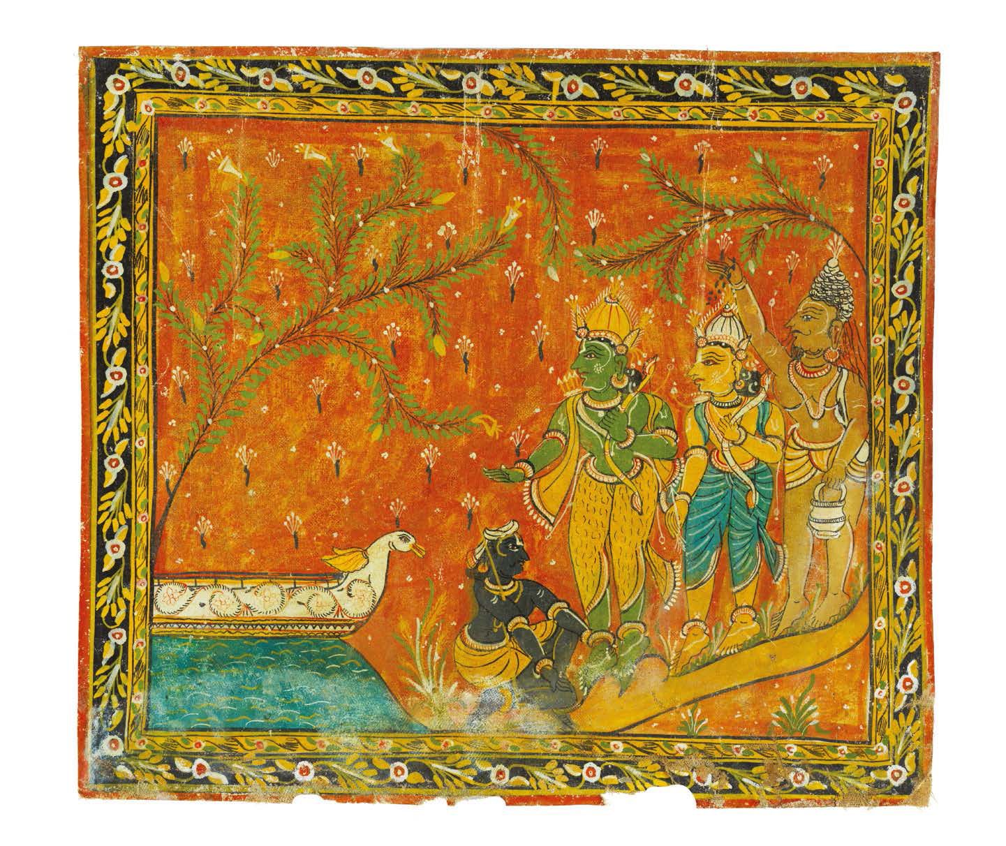 Null 罗摩衍那》的情节。织物上的多色颜料。罗摩、西塔和拉克什曼纳是《罗摩衍那》中的英雄，他们与一位里士一起被描绘在河边，可能是他们在森林中流亡期间。
南印度&hellip;