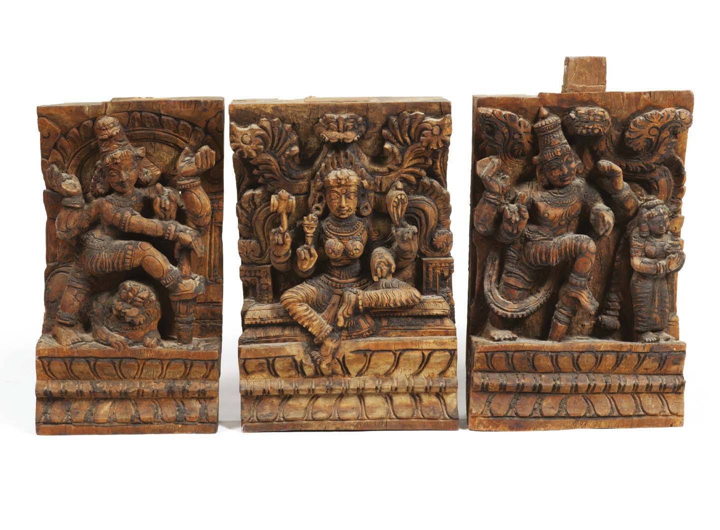 Null THREE CARVED WOODS.
Carved wood, black patina. Carved with Indian deities, &hellip;