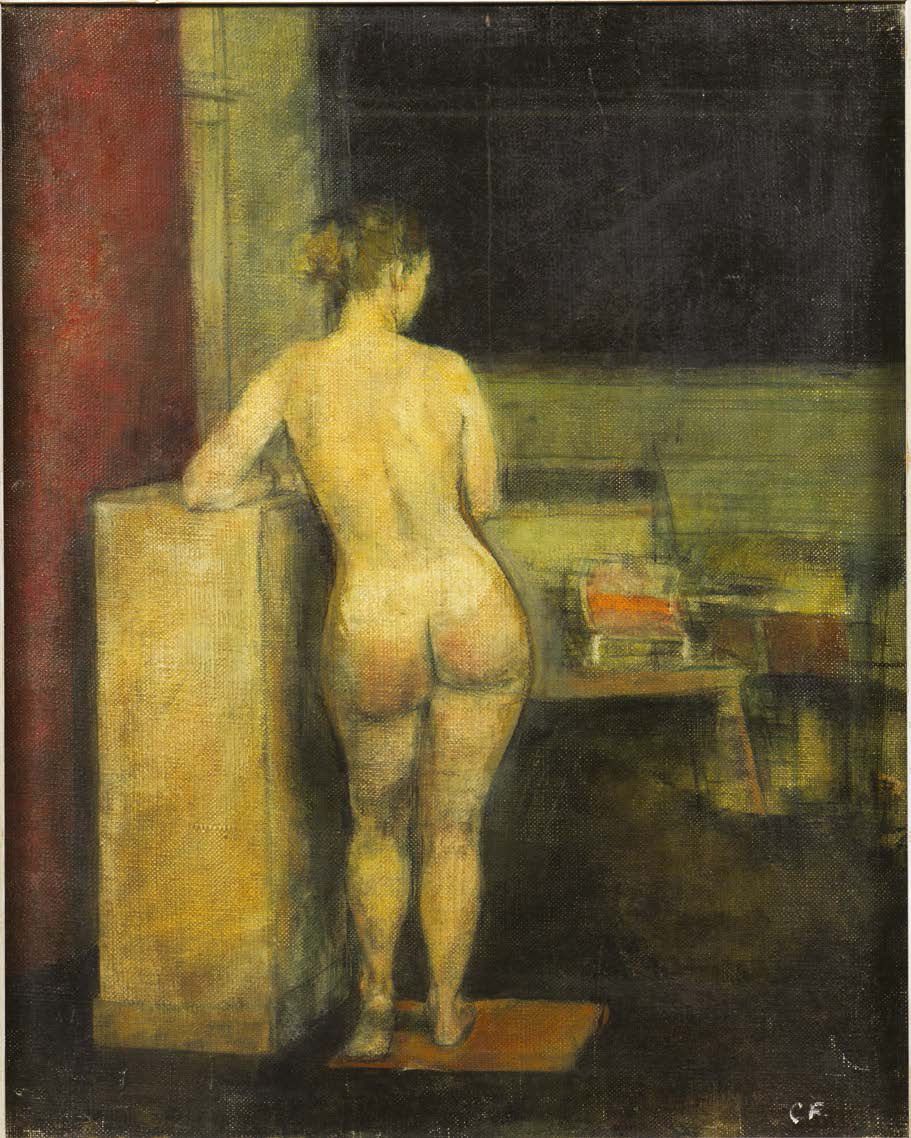 École du XXe siècle 年轻女子裸体从后面看
油画，右下角有CF字样。
H_51 cm W_40 cm