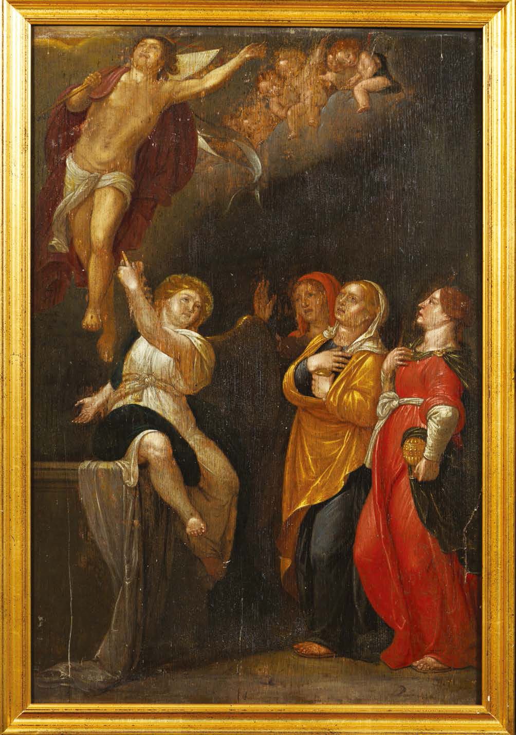 École ANVERSOISE du XVIIe siècle 墓旁的三位圣母和天使
橡木板，一块板，没有镶边。穿着。
H_53 cm W_35 cm