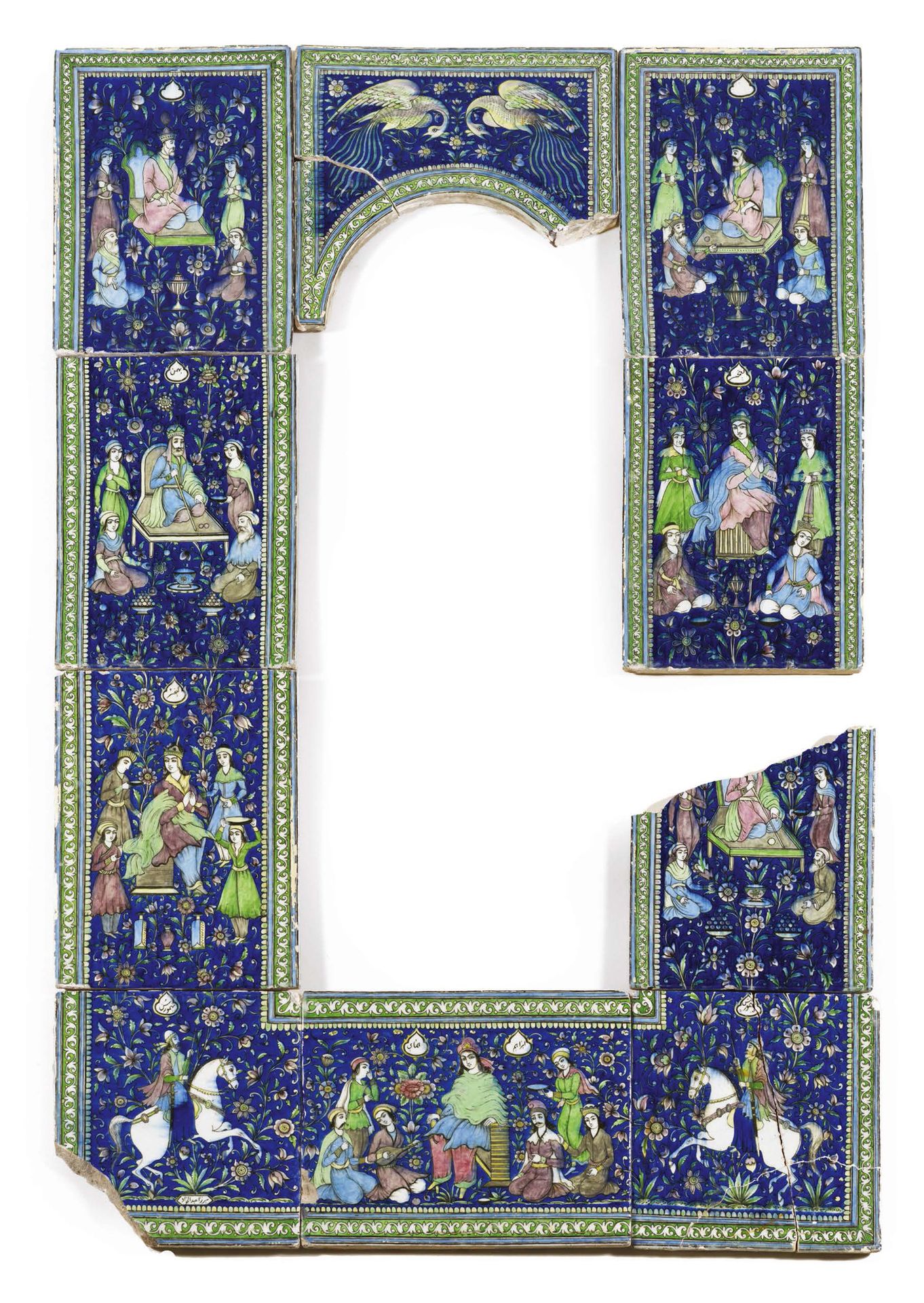 Null A LARGE PANEL OF QAJAR TILES. Siliceous paste painted in polychrome under a&hellip;