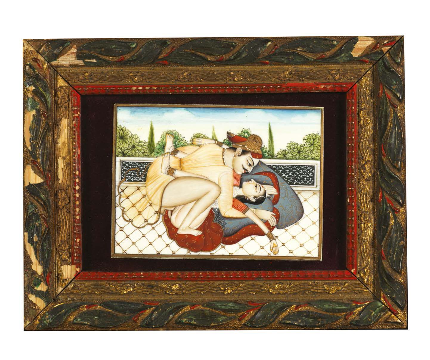 Null EROTIC SCENE.
Polychrome pigments on panel.
India, 20th century.
Dim frame &hellip;