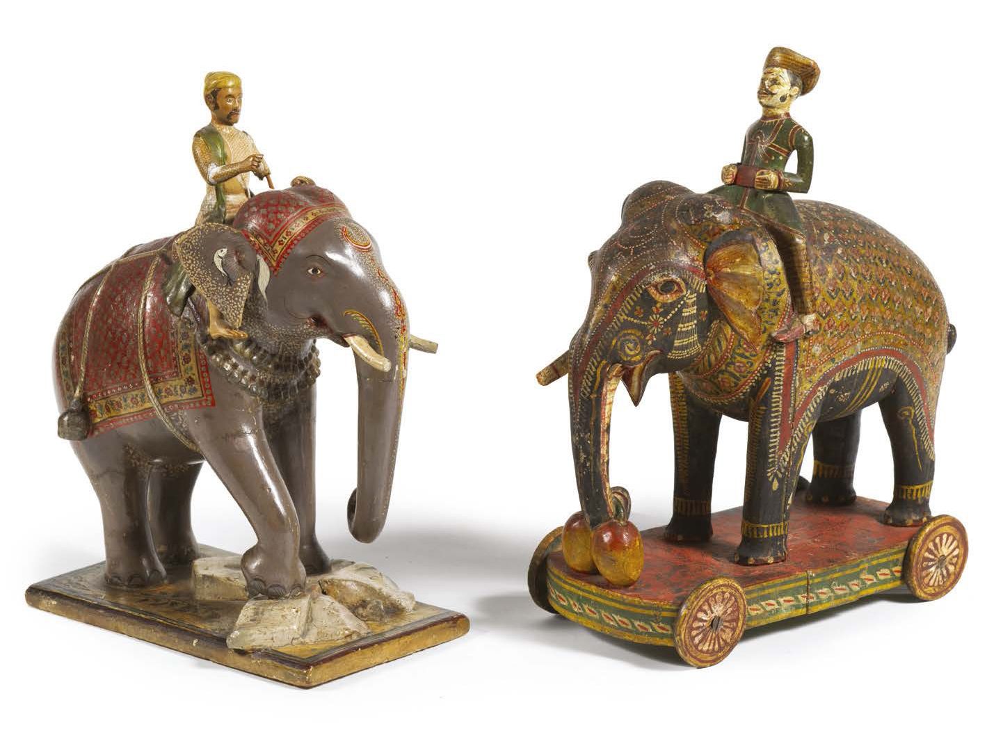 Null 两头大象和他们的豪达。木质涂层和多色漆。它们被描绘在梯田上，其中一个梯田有四个轮子，它们被装饰成多色的（小事故和油漆的磨损）。印度，19世纪。
最大的&hellip;
