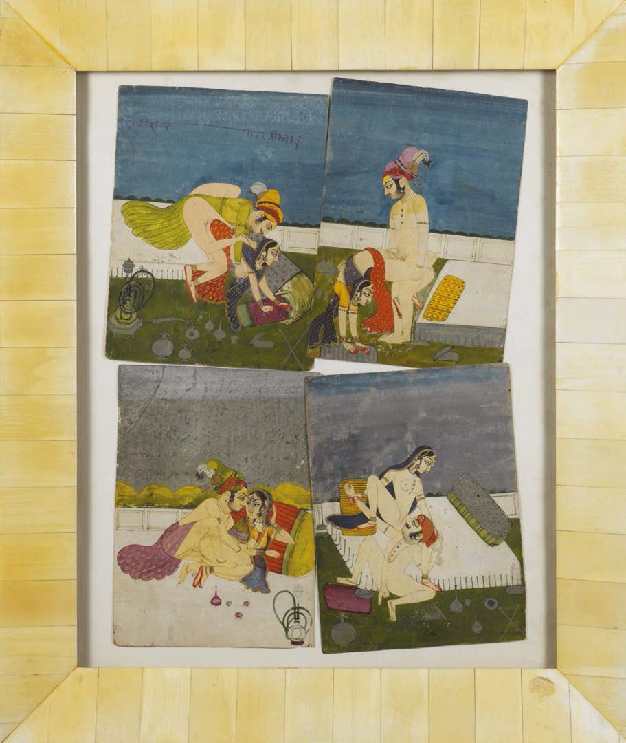 Null 
纸上多色颜料，四幅色情小品。四幅画装在同一个画框里，上面覆盖着骨板。
印度，拉贾斯坦邦，19世纪。
画框：高_39.5厘米，宽_33.5厘米
微型画&hellip;
