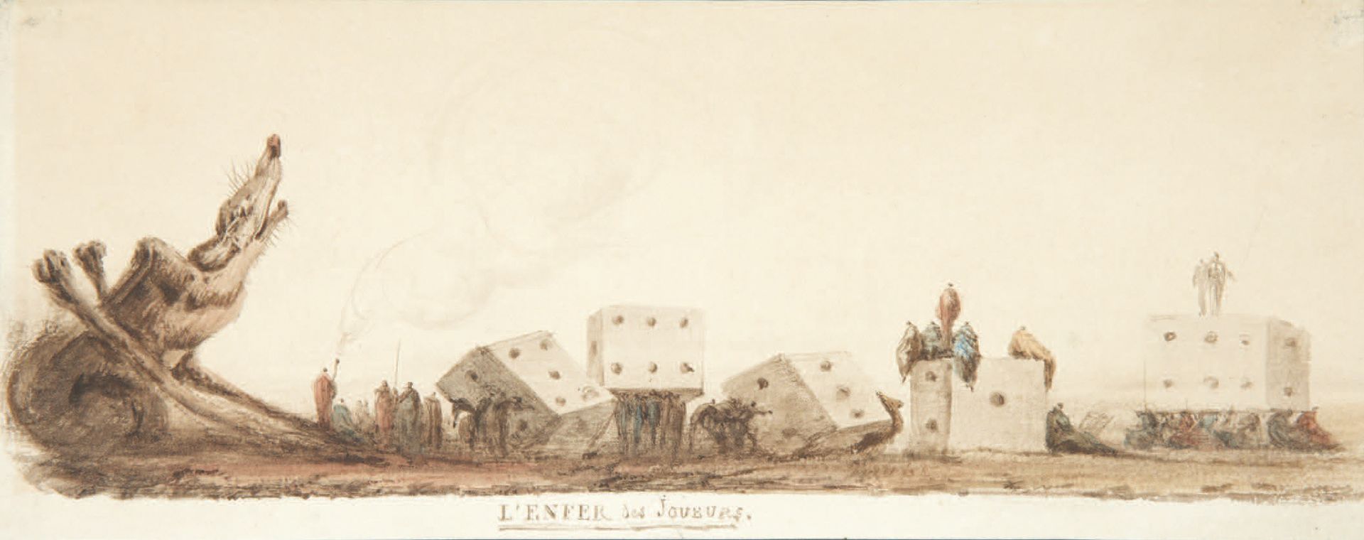 Charles-Frédéric SOEHNÉE. 赌徒的地狱。无地点或日期[约1818年]。
水彩墨画原作（9.7 x 23.9厘米）；置于玻璃、镀金和黑色木&hellip;