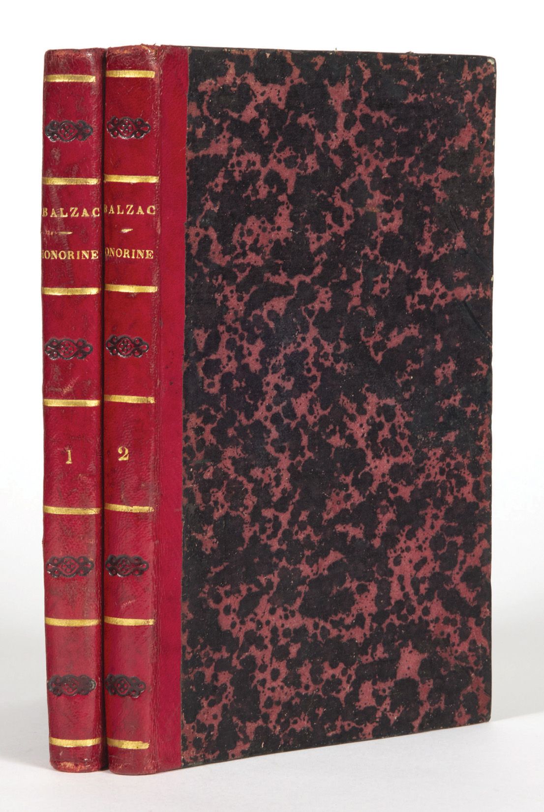Honoré de BALZAC. 奥诺林。巴黎，De Potter，1844年。
2卷8开本：红色半羊皮，光滑的书脊上装饰着镀金的细丝和黑色的飞鸟，完全没有修&hellip;
