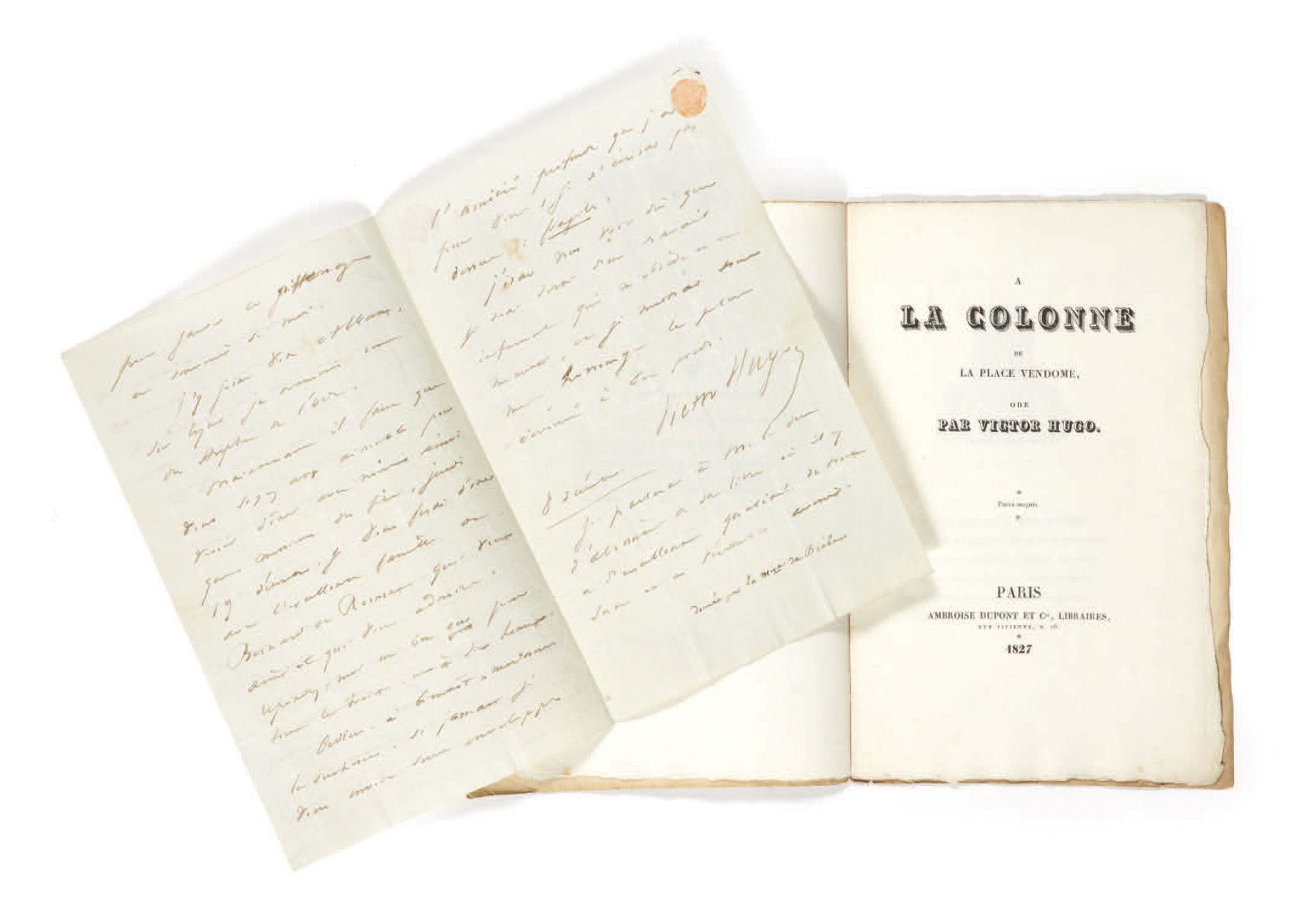 VICTOR HUGO. 在旺多姆广场的柱子上。巴黎，Ambroise Dupont et Cie，1827年。
8开本，16页。平装本，印刷和装饰封面。
第一&hellip;