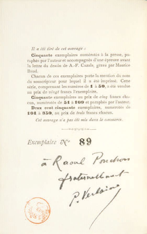 Paul VERLAINE. Dedicatorias. París, Bibliothèque artistique & littéraire, 1890.
&hellip;