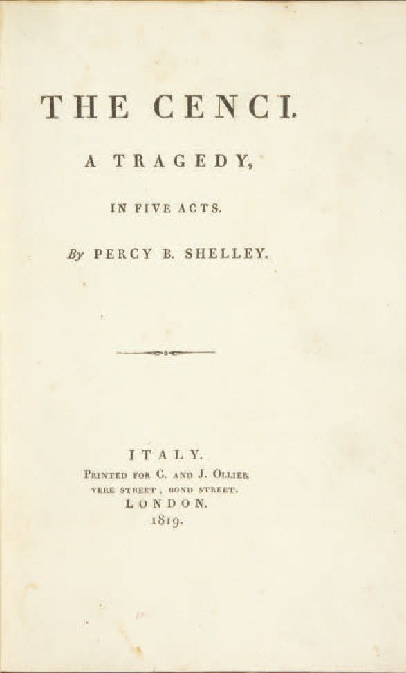 Percy B. SHELLEY. 岑溪人。悲剧，分五幕。意大利，为C.和J.Ollier印制，伦敦，1819年。
In-8: 金色小牛皮，华丽的罗纹书脊，橄榄&hellip;