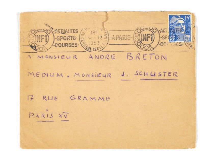 TOYEN. 拼贴画。无地点或日期[布拉格，约1935年]。
明信片上的拼贴画、铅笔和水粉高光，右下角有单字签名（8.7 x 13.6厘米）；有框架，后面装着写&hellip;