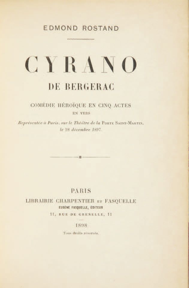 Edmond ROSTAND. 西拉诺-德-贝尔热拉克。充满诗意的五幕喜剧，1897年12月28日在巴黎的圣马丁门剧院演出。巴黎，Eugène
Fasquell&hellip;