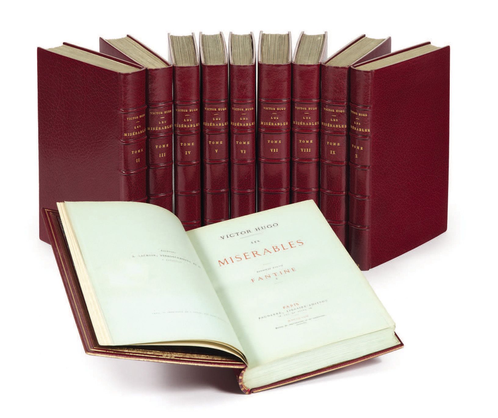 VICTOR HUGO. 悲惨世界》（Les Misérables）。巴黎，Pagnerre，1862年。
10卷8开本：詹森主义红色摩洛哥，书脊有棱纹，书脊和&hellip;