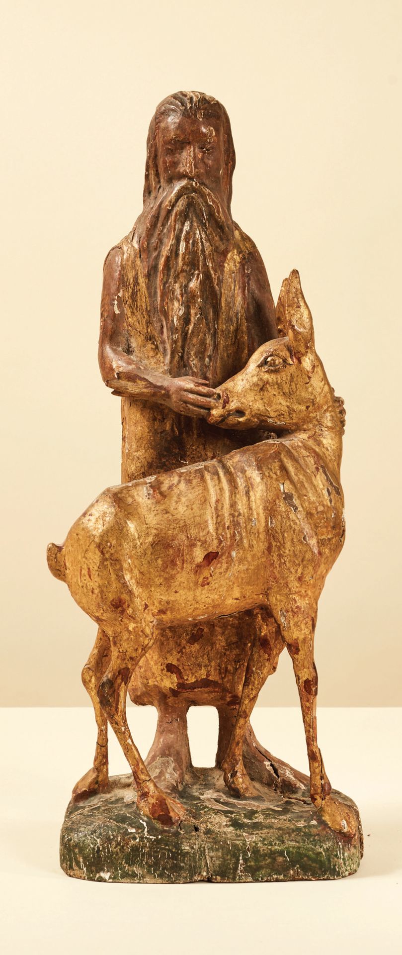 Null 雕刻、多色和镀金木质的圣吉勒斯。
图中的圣人站立着，保护着被箭射中的母鹿；他留着长胡子，穿着隐士的无袖长衫。
法国南部，15世纪下半叶
高度：41.5&hellip;