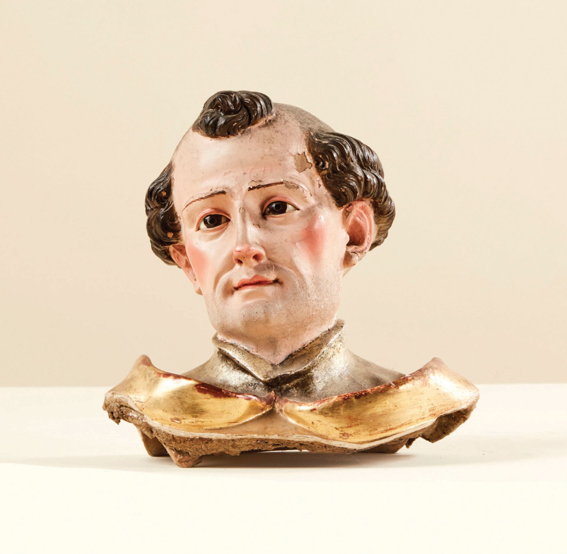 Null Bust of a saint in polychrome, gilded and silvered terracotta, glass eyes.
&hellip;