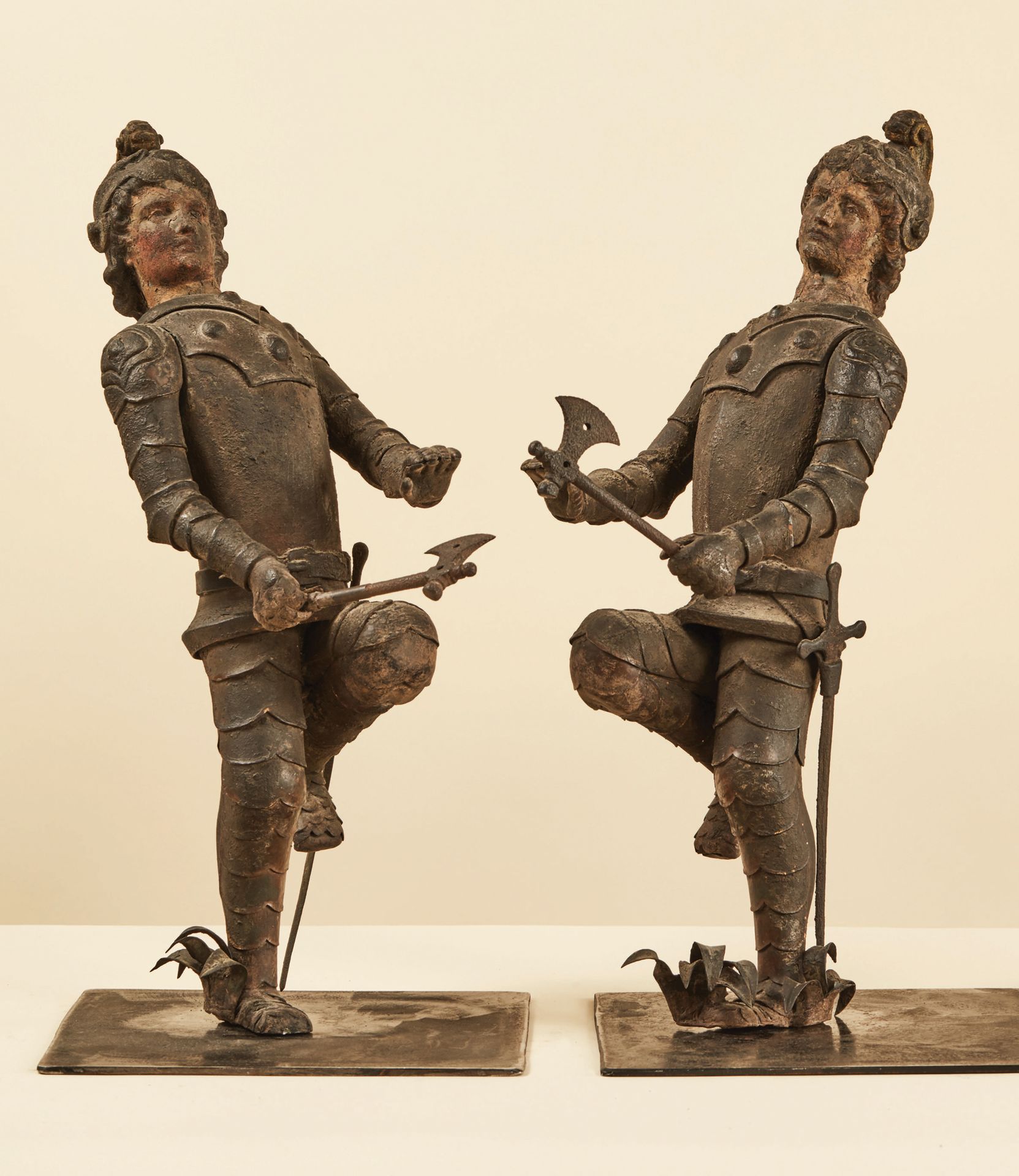 Null Rare pair of automaton jacquemarts in copper and molten metal (pewter or le&hellip;