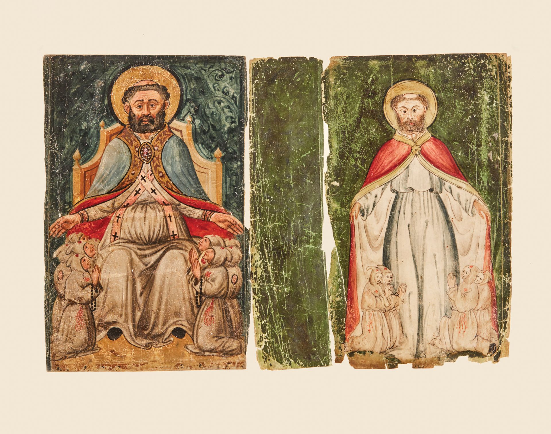 Null Rare reliure en parchemin peint à la tempera représentant deux saints prote&hellip;