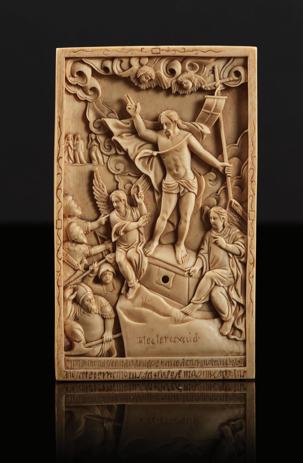 Null Ivory plaque carved in high relief representing the Resurrection. Christ is&hellip;
