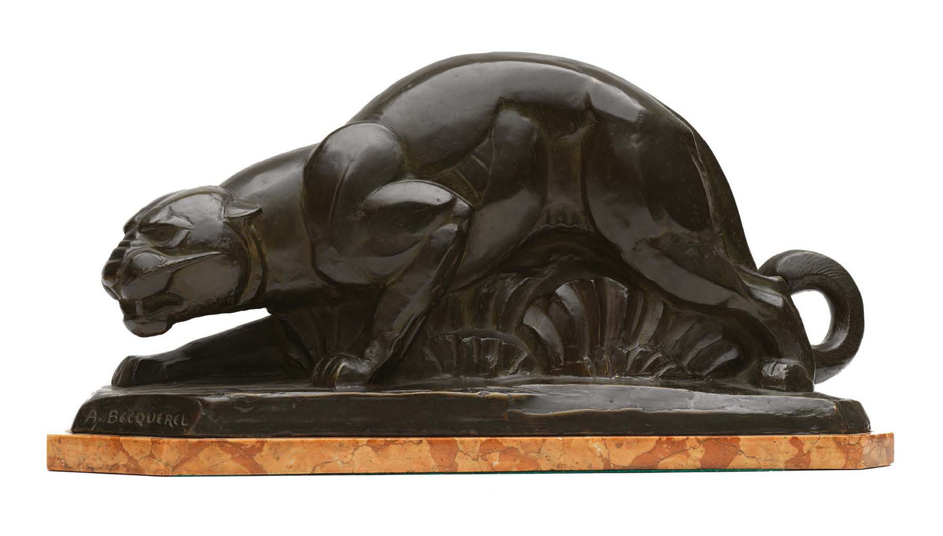D'APRÈS ANDRÉ VINCENT BECQUEREL (1893-1981) 徘徊中的黑豹
1930年左右制作的模型。
带有黑色铜锈的青铜。
署名 "&hellip;