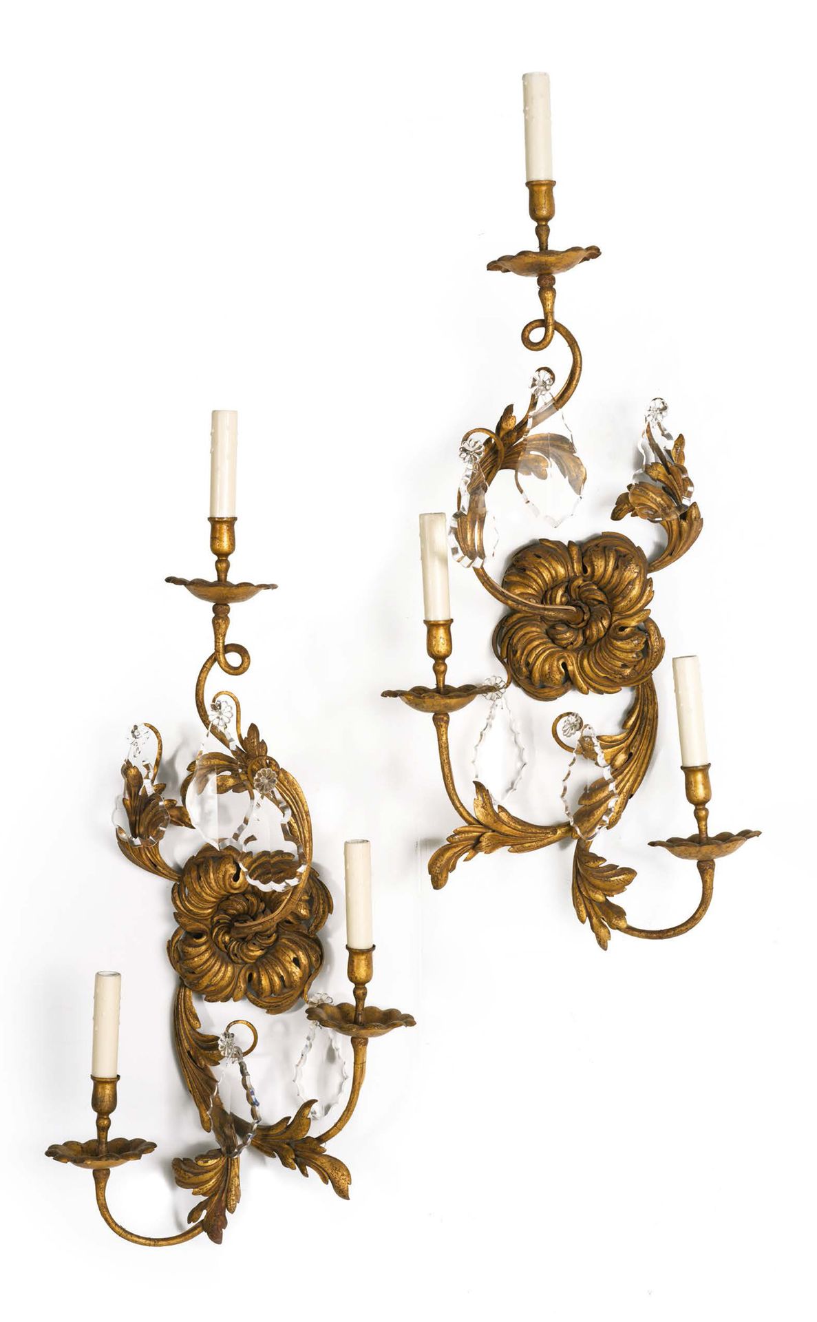 Null Pair of brass and gilded sheet metal sconces with three arms of light. Four&hellip;