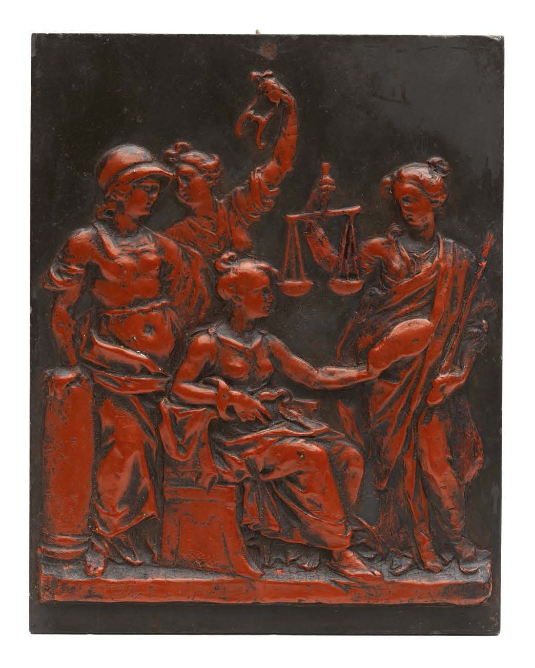 École FRANÇAISE du début du XIXe siècle 石板上的蜡质浮雕。
"正义的寓言"。
 （对装饰的磨损）。
H_24 cm W_&hellip;