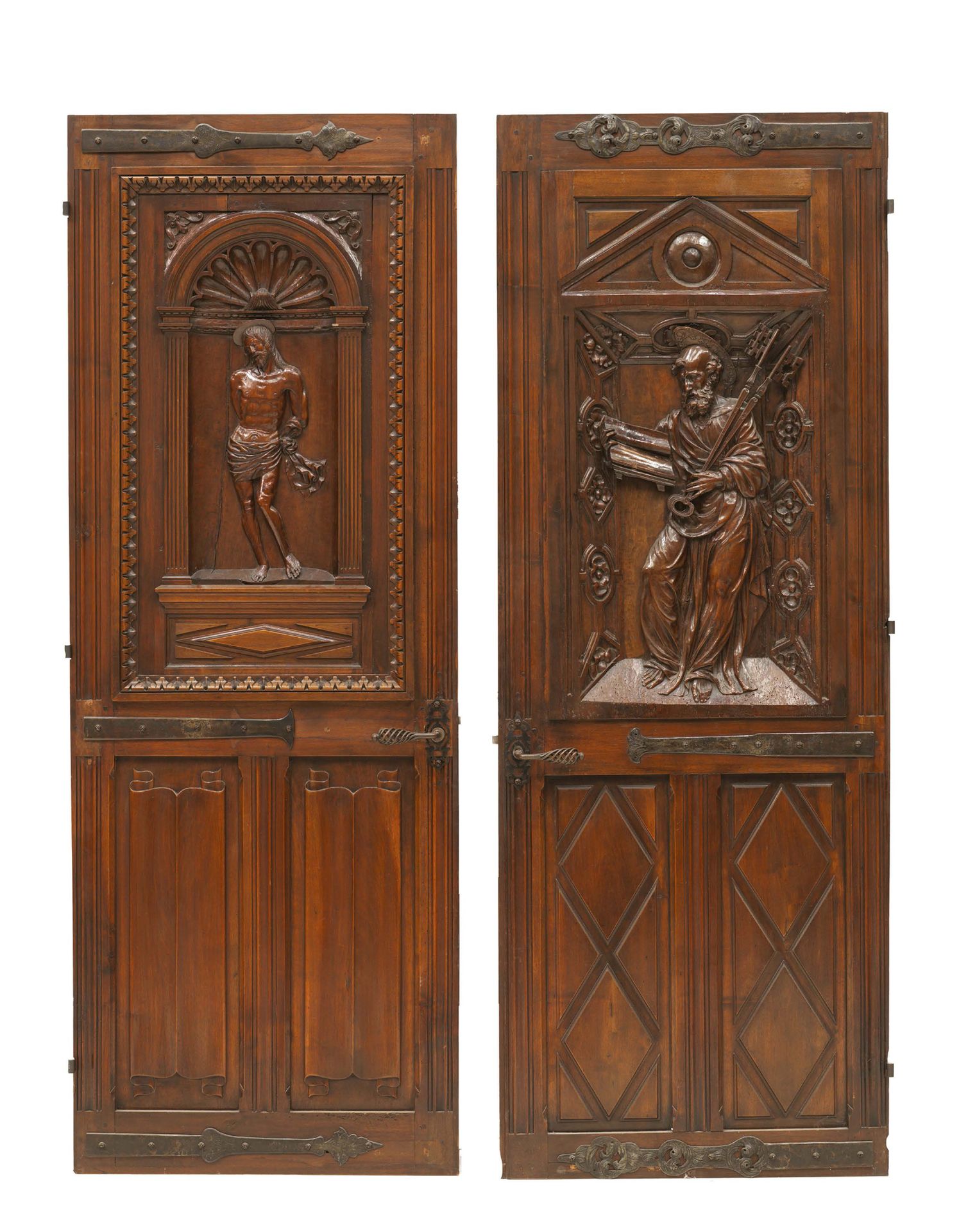 Null Due porte in noce. Una decorata con un San Sebastiano in una cornice archit&hellip;