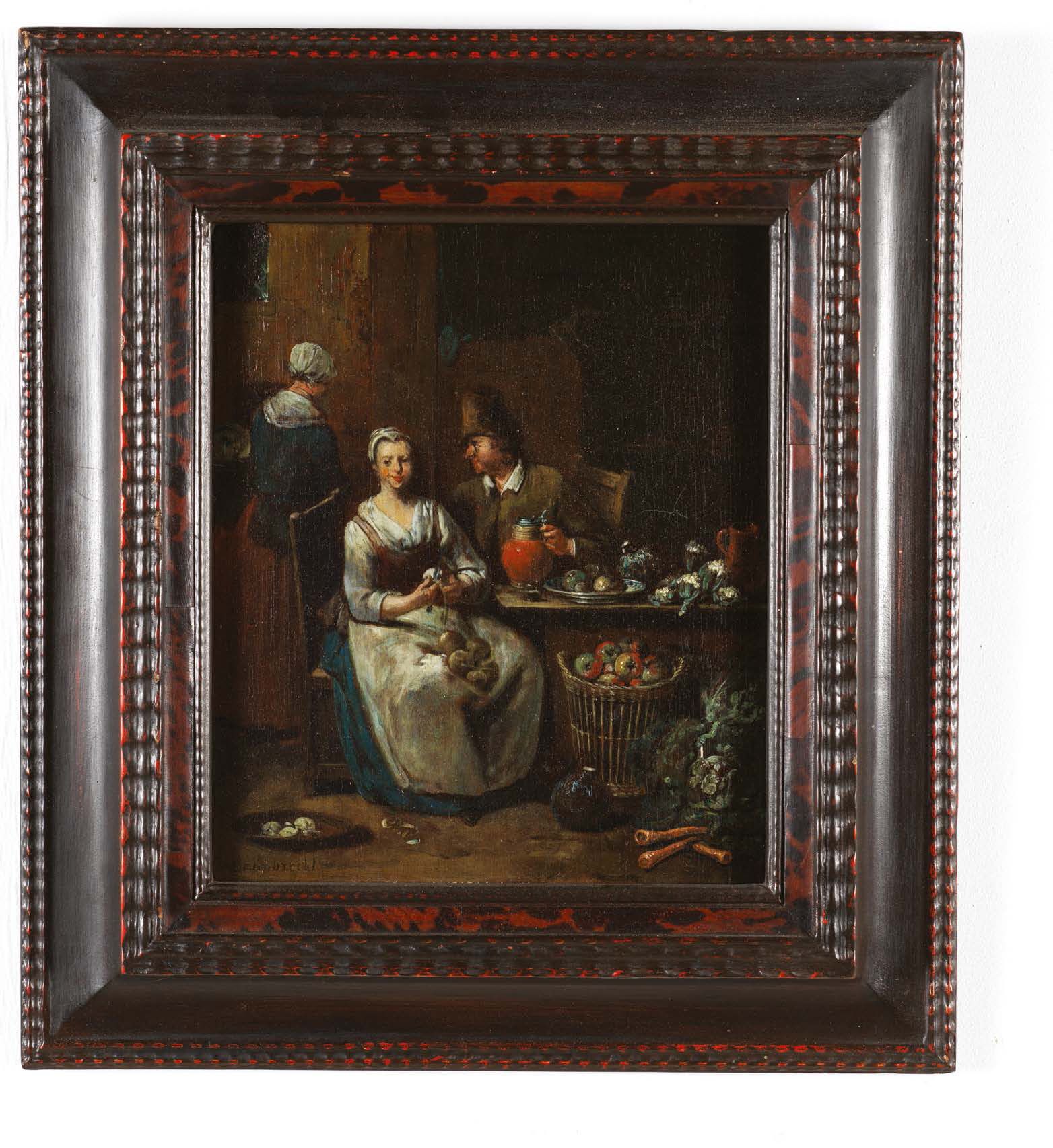 JEAN-BAPTISTE LAMBRECHTS (ANVERS 1680 - VERS 1731) 厨房内饰
一对板，一块板，无镶边。
H_26 cm W_2&hellip;