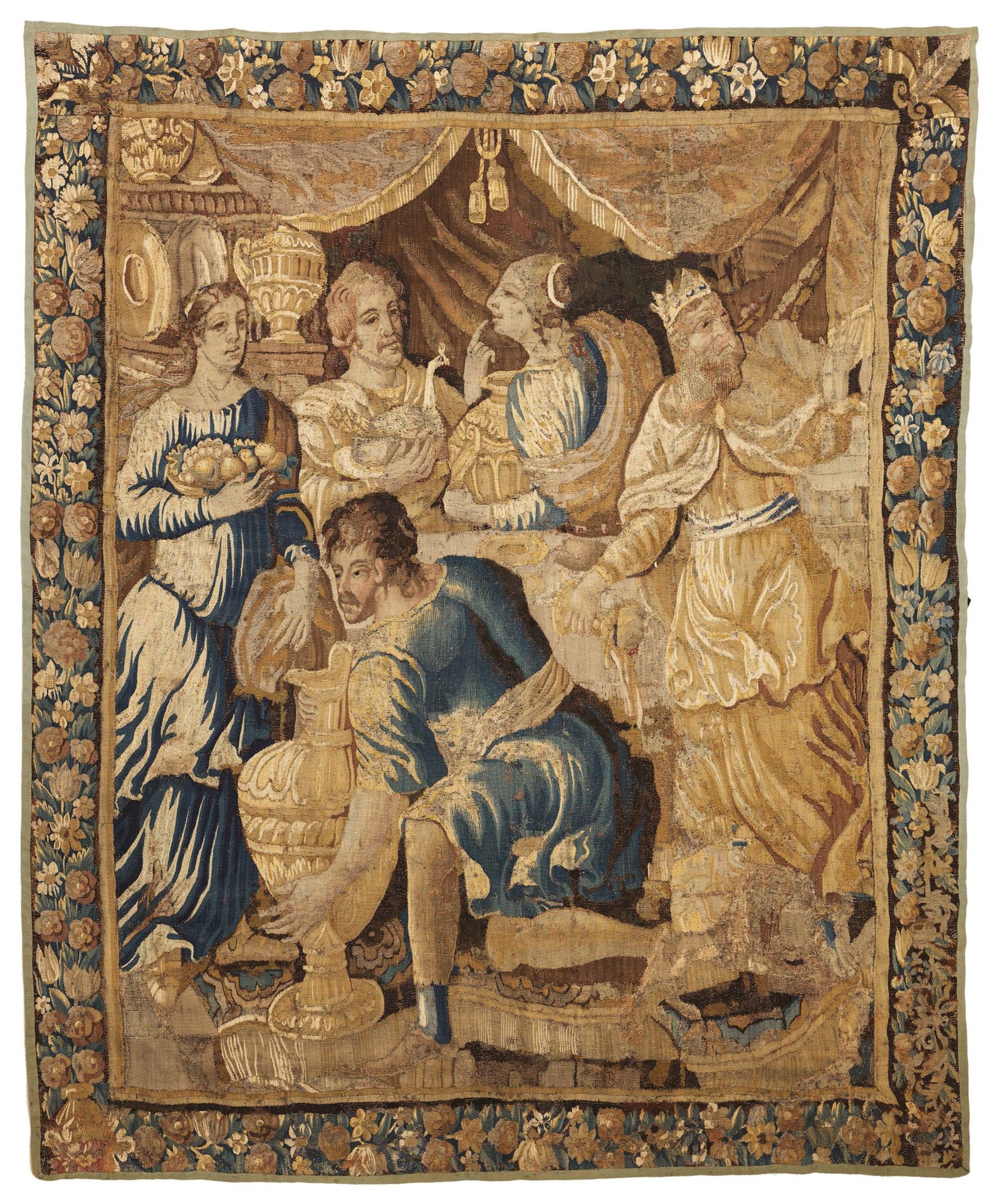 Null 表现诸神之宴的羊毛和丝绸挂毯，碎片。在上部，朱庇特怀抱着朱诺的孔雀，他的妻子在他身边；在前景，一个仆人带来一个大花瓶，在左边，一个女仆拿着一碗水果。边&hellip;