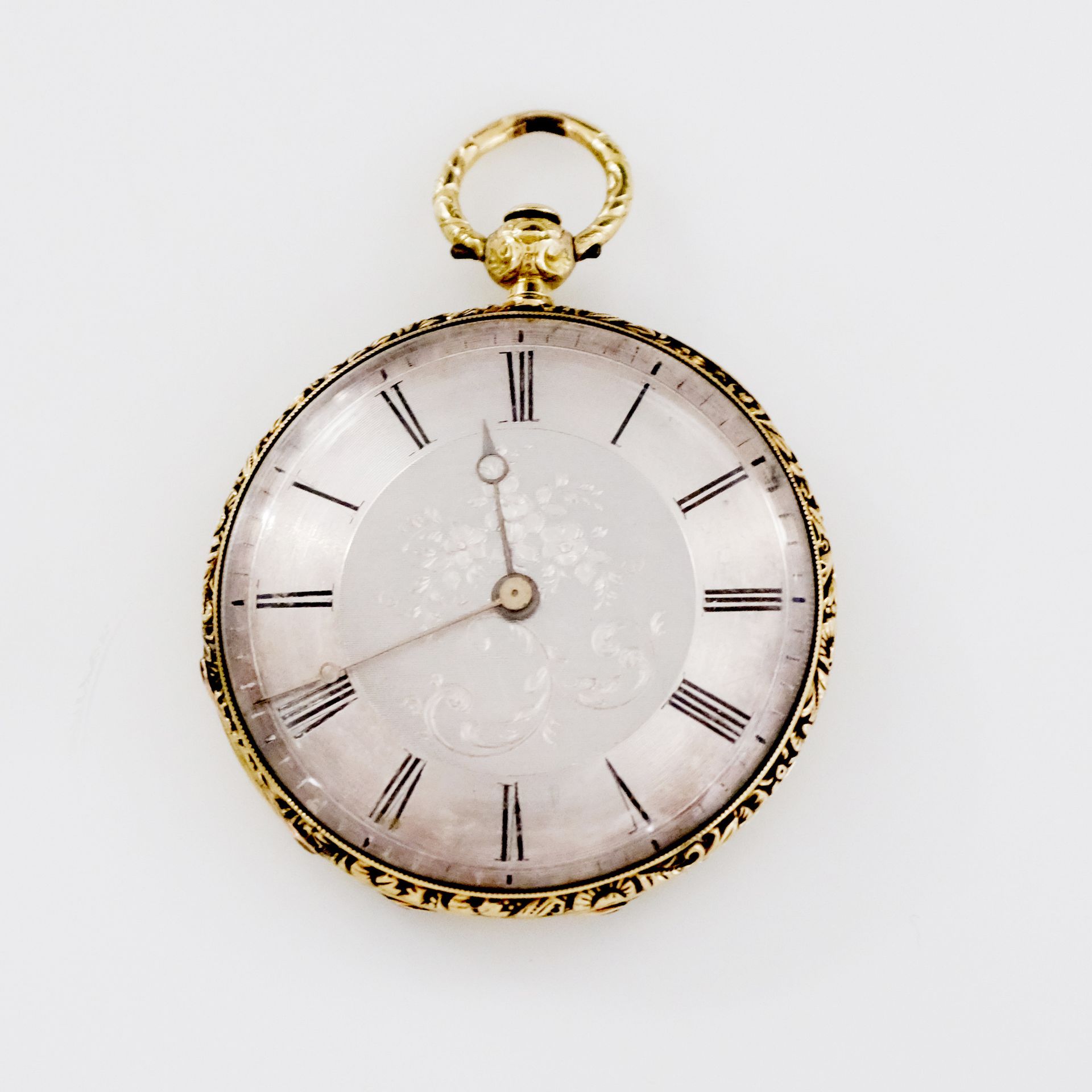 LEROY à Paris 18k (750) yellow gold pocket watch, chased silver dial, Roman nume&hellip;