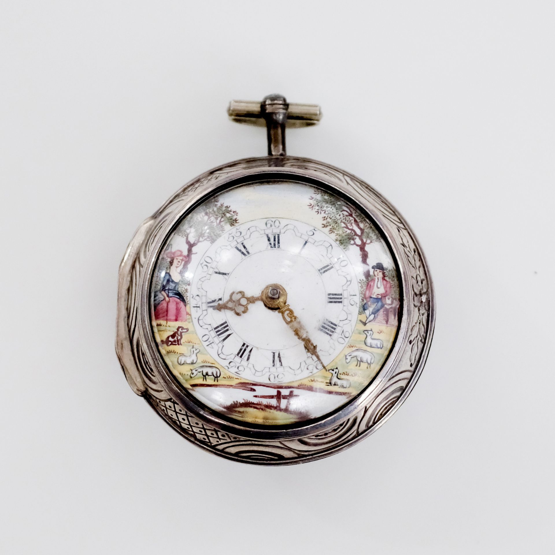 STEPH CUNDEE À LONDRES N° 6466
Silver pocket watch, white enamel dial with ename&hellip;