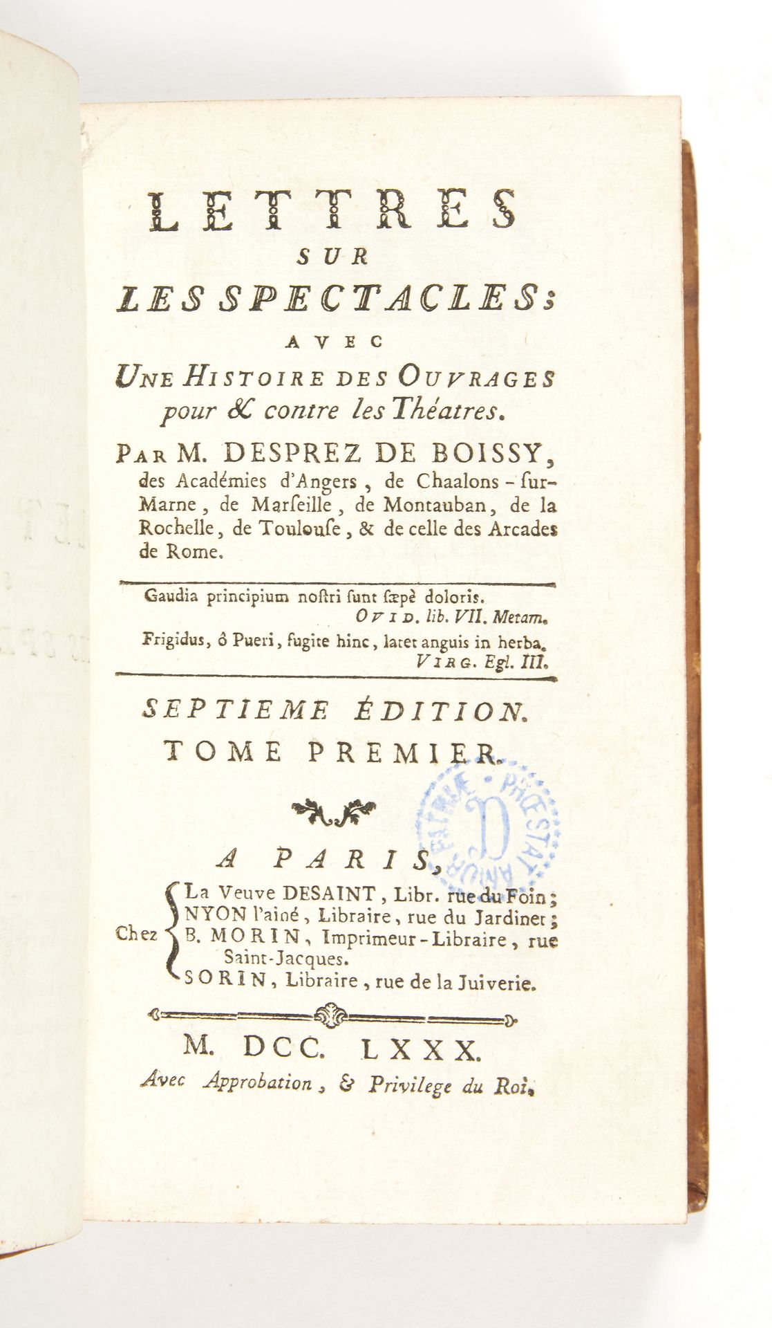 DESPREZ DE BOISSY, Charles 关于眼镜的信件；以及支持和反对剧院的作品的历史。第七版。巴黎，Veuve Desaint，Nyon aîn&hellip;