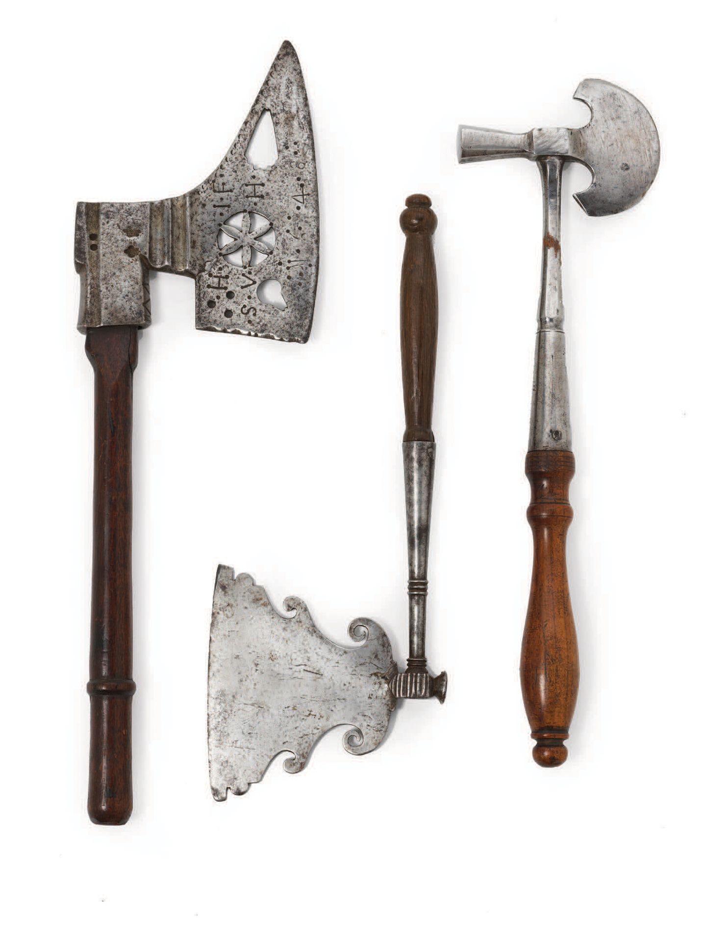 Null SET OF THREE METAL AND WOODEN AXES The largest axe is engraved with the dat&hellip;